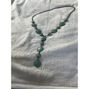 Turquoise Crystal Halo Statement Y-Necklace Gunmetal Beaded Boho Drop Jewelry